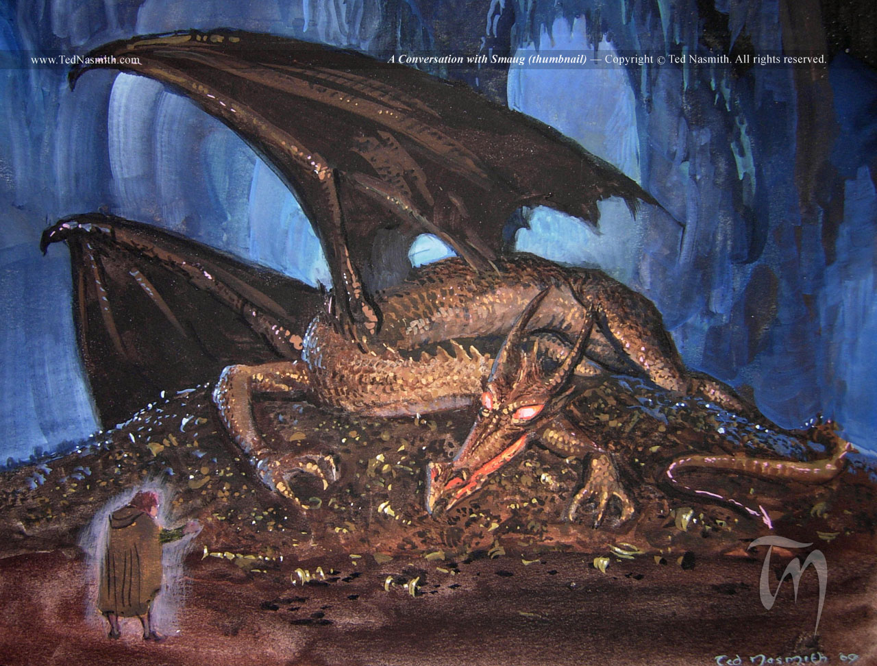 A conversation with Smaug (colour sketch) – Ted Nasmith